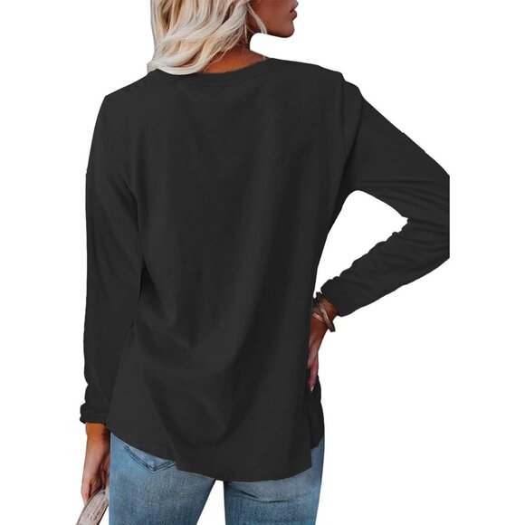 🆕 Women Black Casual Long Sleeve Tunics Tops Crew Neck Shirts Loose Fit Stylish - Picture 2 of 3